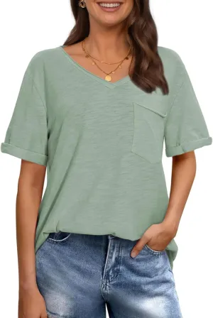 TARSE Women T Shirts Short Sleeve V Neck Tops Casual Summer Loose Basic Cotton Side Split Tee Trendy Fashion Outfit Clothes