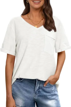 TARSE Women T Shirts Short Sleeve V Neck Tops Casual Summer Loose Basic Cotton Side Split Tee Trendy Fashion Outfit Clothes