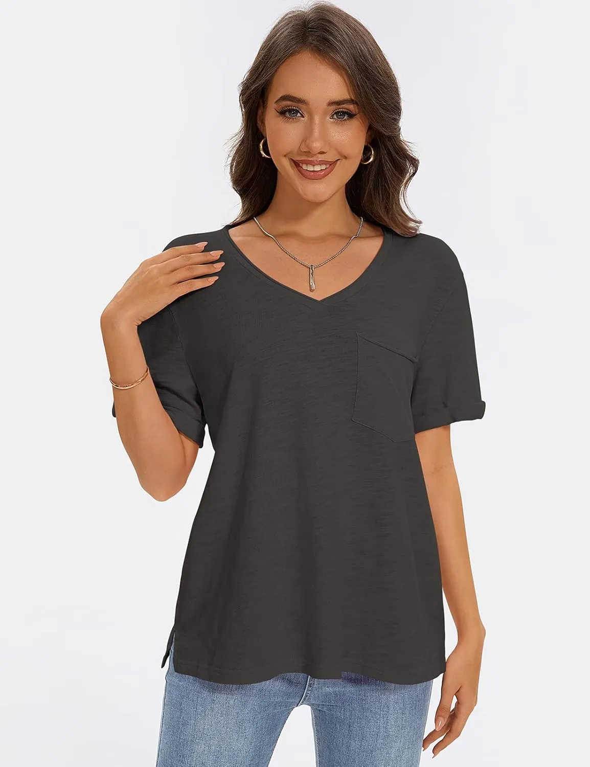 TARSE Women T Shirts Short Sleeve V Neck Tops Casual Summer Loose Basic Cotton Side Split Tee Trendy Fashion Outfit Clothes