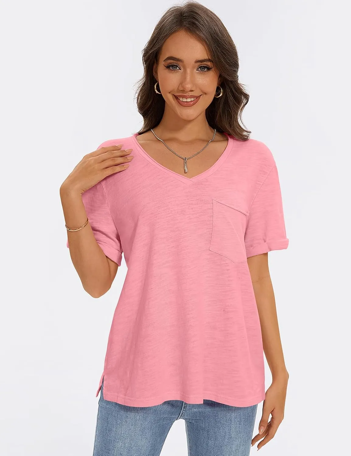 TARSE Women T Shirts Short Sleeve V Neck Tops Casual Summer Loose Basic Cotton Side Split Tee Trendy Fashion Outfit Clothes