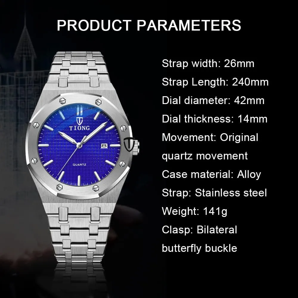 Tiong Mens Watches Chronograph Stainless Steel Waterproof Date Analog Quartz Watch Business Casual Fashion Wrist Watches for Men