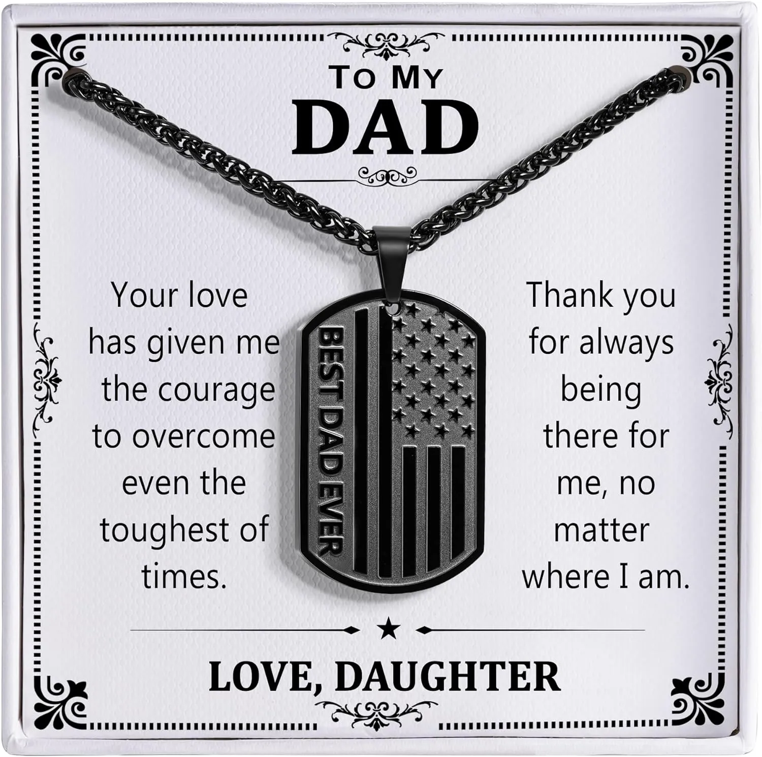 To My Dad Son Brother Husband Boyfriend Grandson Grandpa 24IN Dog Tag Necklace American Flag Pendant Chain Christmas Valentines Day Jewelry Gifts for Men Boys