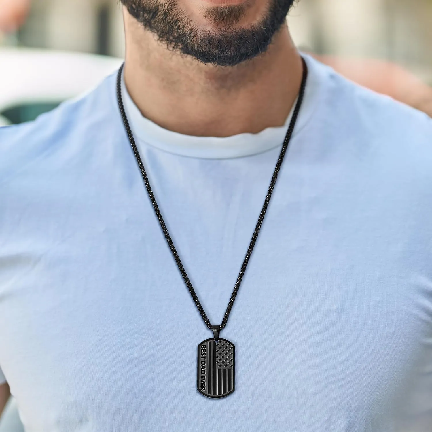 To My Dad Son Brother Husband Boyfriend Grandson Grandpa 24IN Dog Tag Necklace American Flag Pendant Chain Christmas Valentines Day Jewelry Gifts for Men Boys