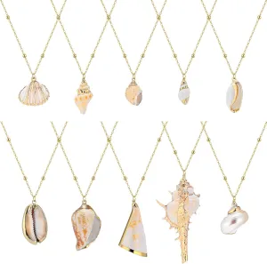 Tondiamo 10 Pcs Natural Shell Scallop Conch Pendant Necklace with Gold Rimmed Boho Ocean Jewelry Cowrie Adjustable Seashell Jewelry Gifts Ocean Beach Wedding Women