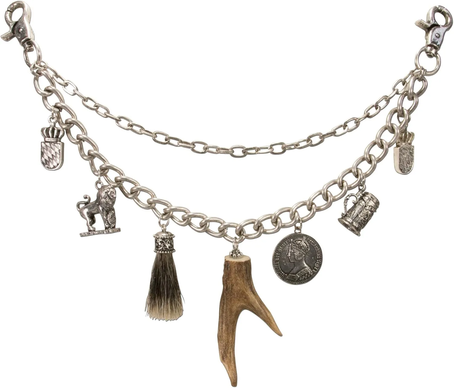 Traditional bavarian costume charivari Xaver, men costume jewelry, german trophy pendant necklace for leather trouser with real deer horn (antique silver colored)