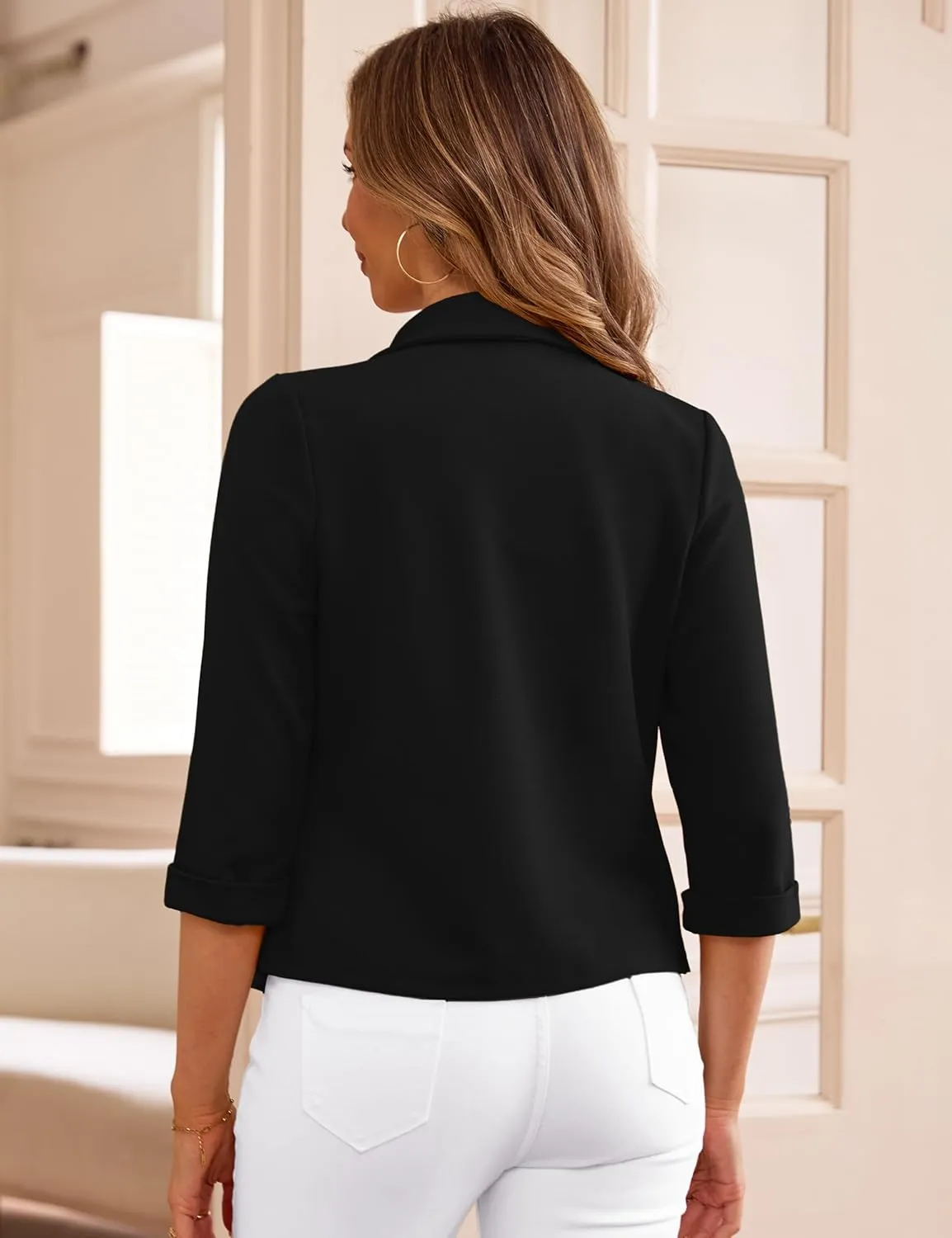 Tralilbee Women's Cropped Blazers 3/4 Sleeve Open Front Lightweight Cardigan Casual Work Office Suit Blazer Jackets S-XL