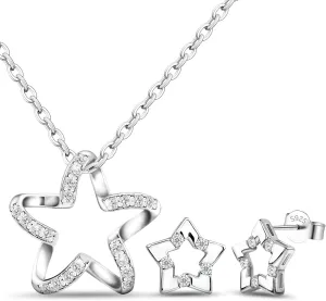 Trendy Star Stud Earrings & Sterling Silver CZ Pendant Necklace - Dainty Crystal Cartilage Earrings & Charm Necklace Everyday Jewelry Gifts