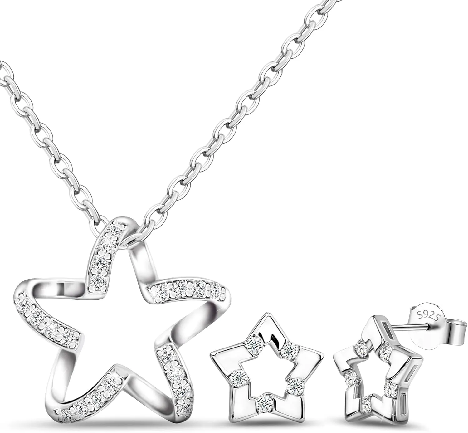 Trendy Star Stud Earrings & Sterling Silver CZ Pendant Necklace - Dainty Crystal Cartilage Earrings & Charm Necklace Everyday Jewelry Gifts
