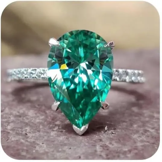 TSECIMGS Platinum Plated Classic Pear-Cut Simulated Emerald Cubic Zirconia CZ Halo Wedding Ring,Teardrop Bridal Jewelry Eternity Vintage Style Green Solitaire Wedding Engagement Ring for Women(10)