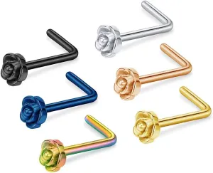 Tvoip 6Pcs 20G Titanium Nose Stud L Bone Shape Elegant Rose Flower Charm Nose Ring Earring Silver Hoop Stud Body Piercing Jewelry