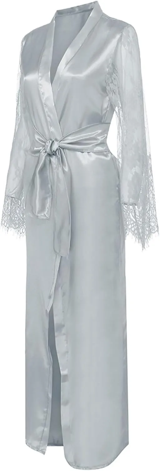 Uillui Long Robes for Women Perspective Lace Long Sleeve Bathrobes with Belt Satin Silk Kimonos Robes Comy Pajama Loungewear
