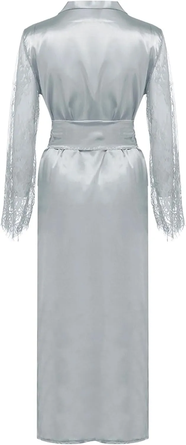 Uillui Long Robes for Women Perspective Lace Long Sleeve Bathrobes with Belt Satin Silk Kimonos Robes Comy Pajama Loungewear