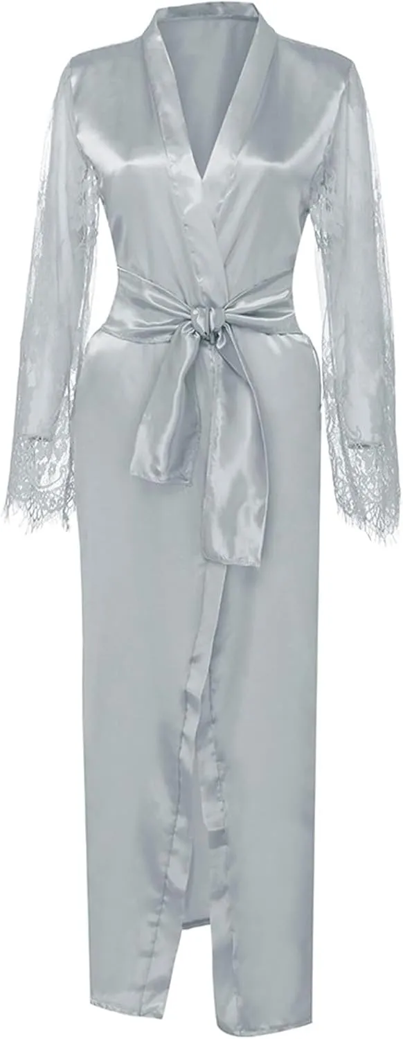 Uillui Long Robes for Women Perspective Lace Long Sleeve Bathrobes with Belt Satin Silk Kimonos Robes Comy Pajama Loungewear