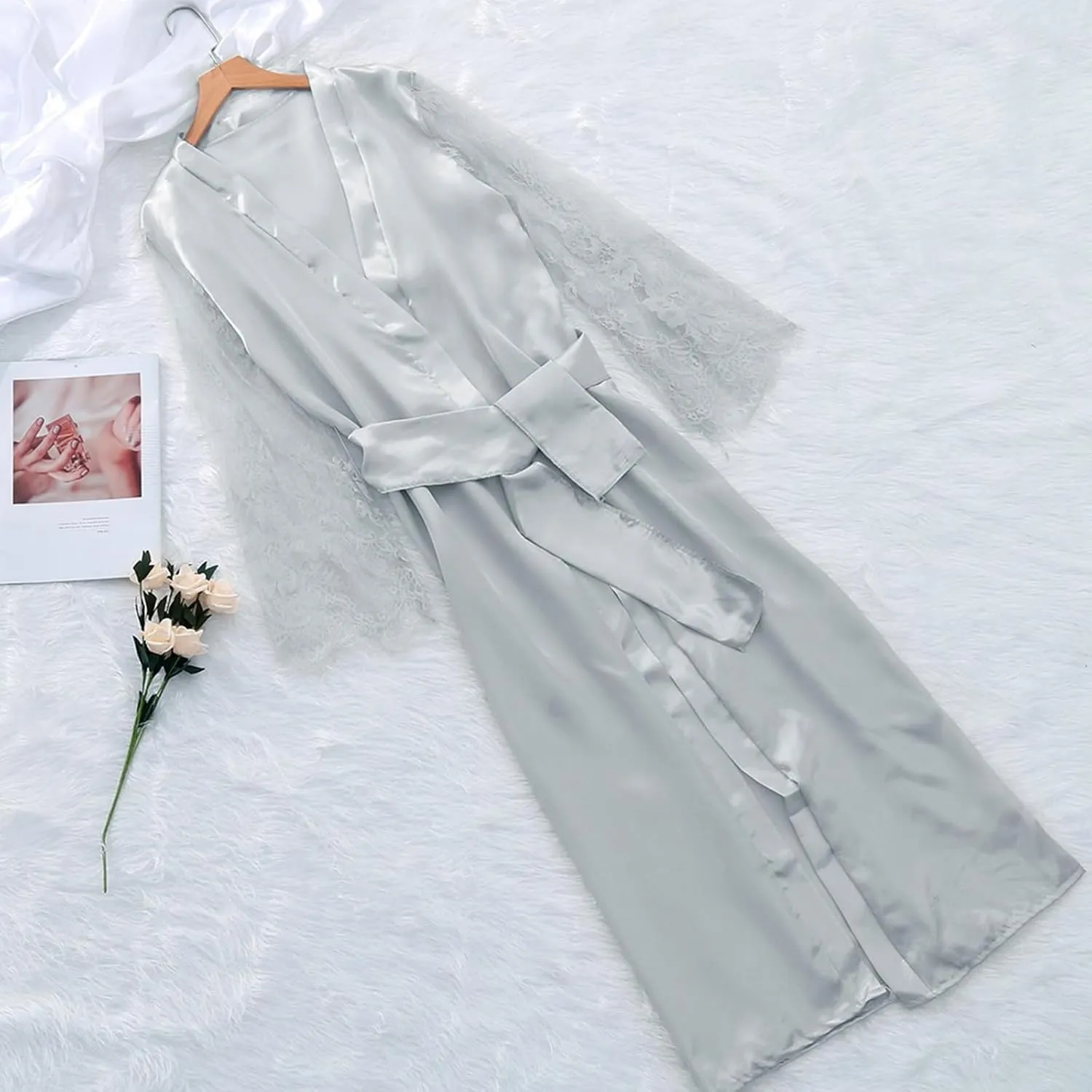 Uillui Long Robes for Women Perspective Lace Long Sleeve Bathrobes with Belt Satin Silk Kimonos Robes Comy Pajama Loungewear