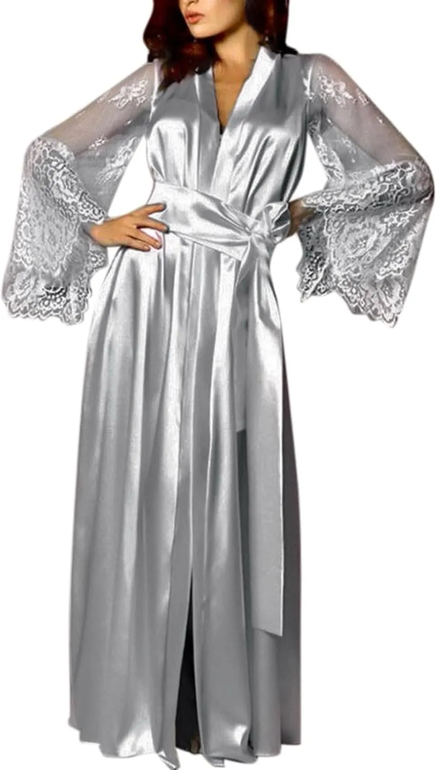 Uillui Long Robes for Women Perspective Lace Long Sleeve Bathrobes with Belt Satin Silk Kimonos Robes Comy Pajama Loungewear