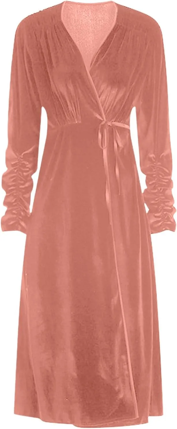 Uillui Long Robes for Women Vintage Velvet Kimono Bathrobes Ruched Sleeve V-Neck Nightgowns with Belt Comfort Velour Pajamas