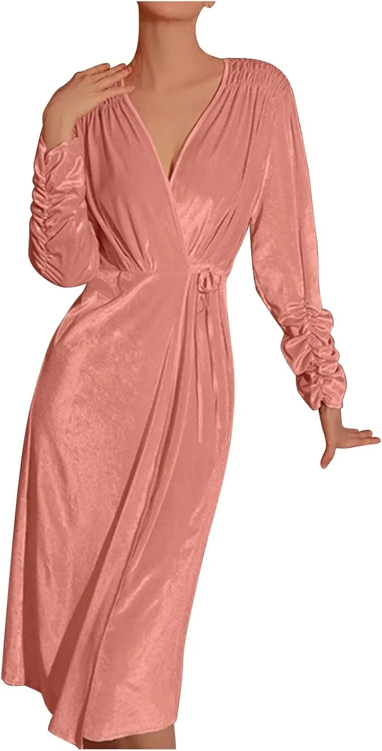 Uillui Long Robes for Women Vintage Velvet Kimono Bathrobes Ruched Sleeve V-Neck Nightgowns with Belt Comfort Velour Pajamas