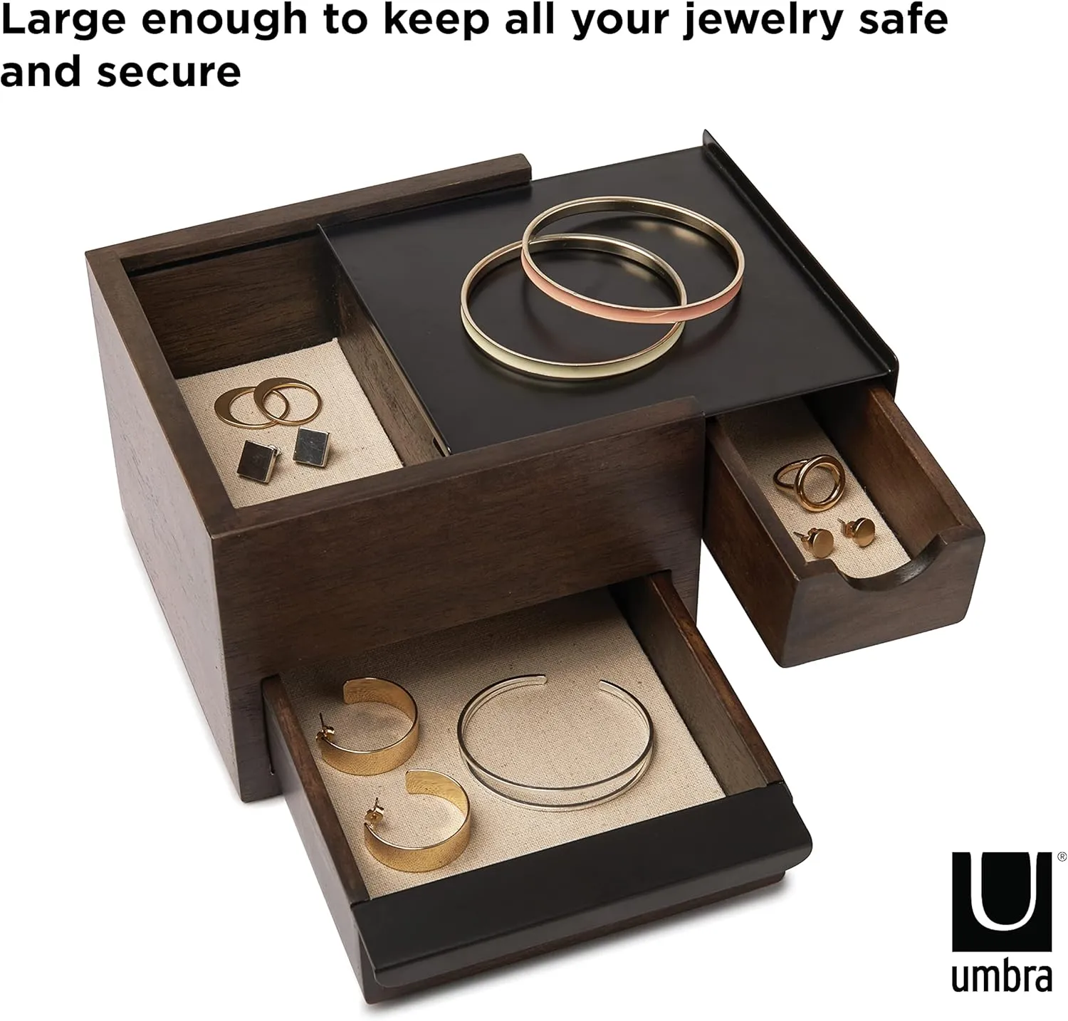 Umbra Mini Stowit Jewelry Box - Modern Keepsake Storage Organizer with Hidden Compartment Drawers for Ring, Bracelet, Watch, Necklace, Earrings, and Accessories,Black/Walnut