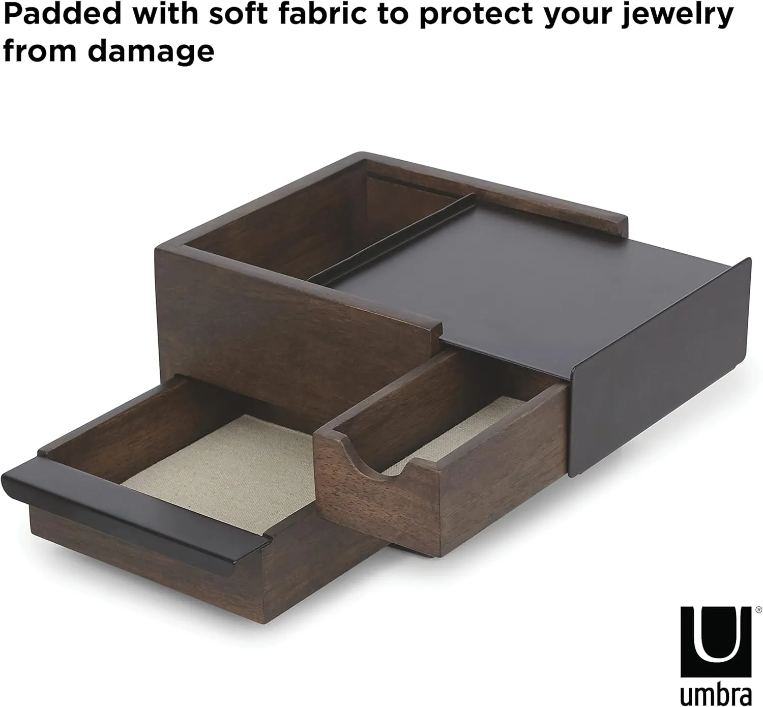 Umbra Mini Stowit Jewelry Box - Modern Keepsake Storage Organizer with Hidden Compartment Drawers for Ring, Bracelet, Watch, Necklace, Earrings, and Accessories,Black/Walnut