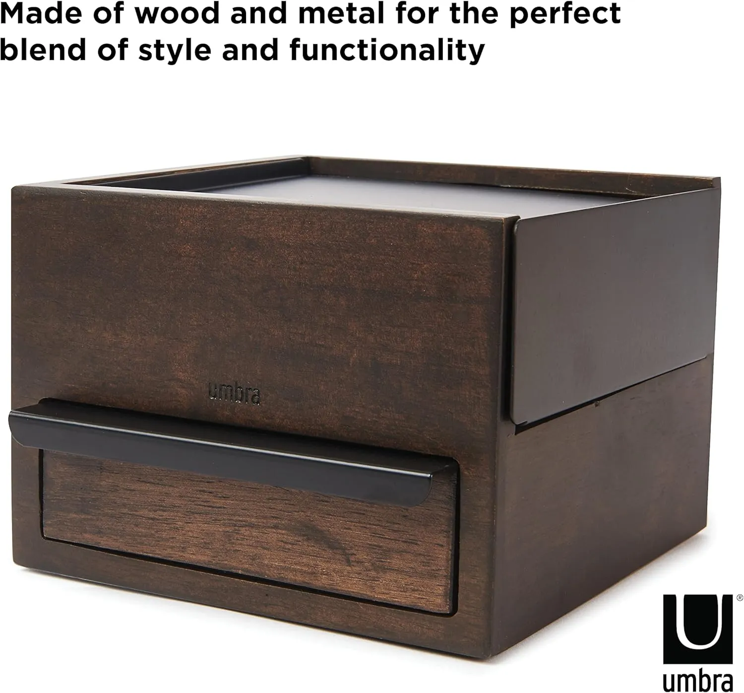 Umbra Mini Stowit Jewelry Box - Modern Keepsake Storage Organizer with Hidden Compartment Drawers for Ring, Bracelet, Watch, Necklace, Earrings, and Accessories,Black/Walnut