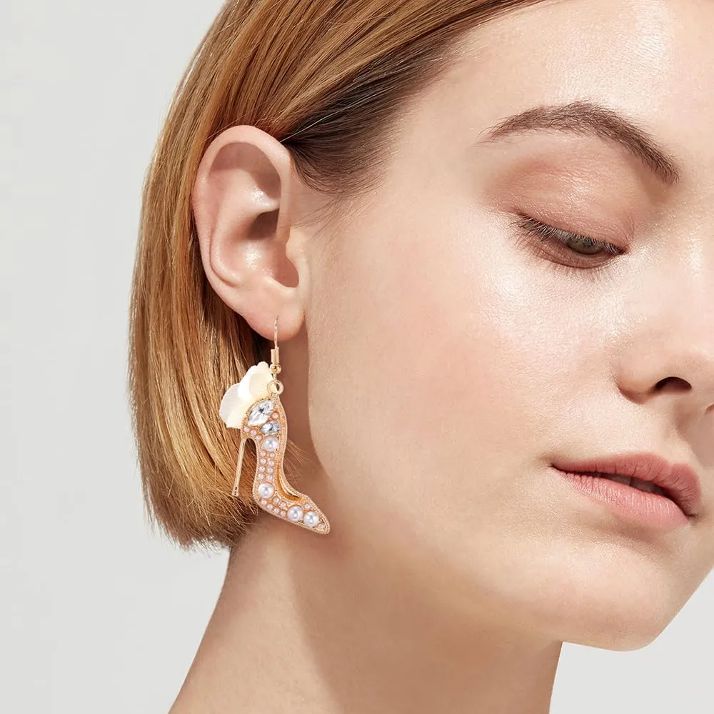 Unique High Heel Shoe Earrings With Rhinestone Flower - Floral Dangle Earring - Charming Modern Jewelry for Women