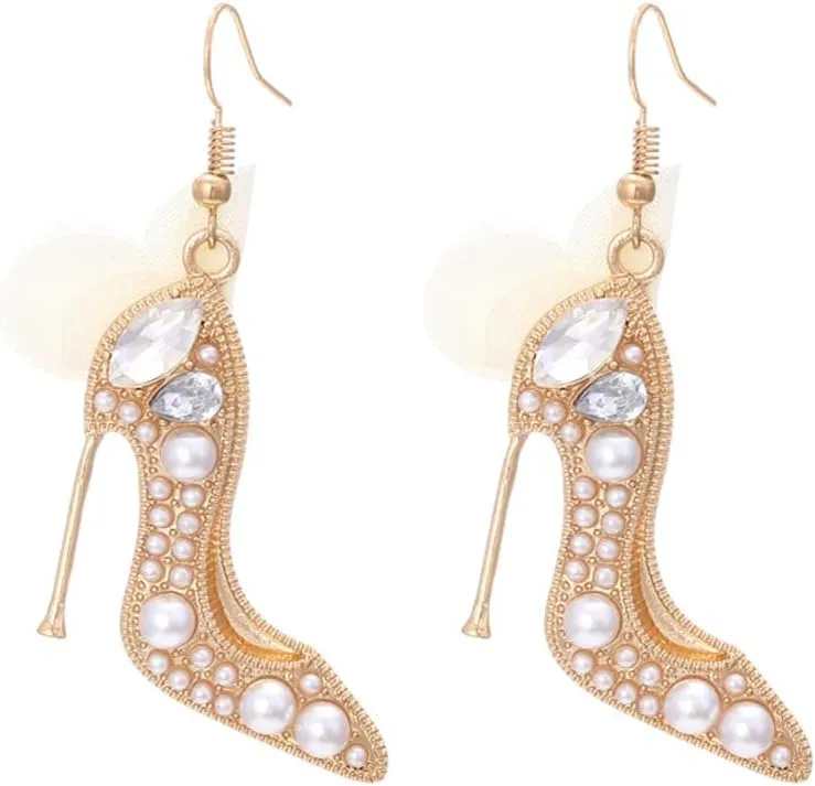 Unique High Heel Shoe Earrings With Rhinestone Flower - Floral Dangle Earring - Charming Modern Jewelry for Women
