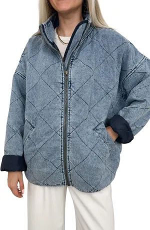 utcoco Women's Oversized Long Sleeve Denim Jacket Casual Loose Fit Zip Up Jean Quilted Jackets Coat with Pockets