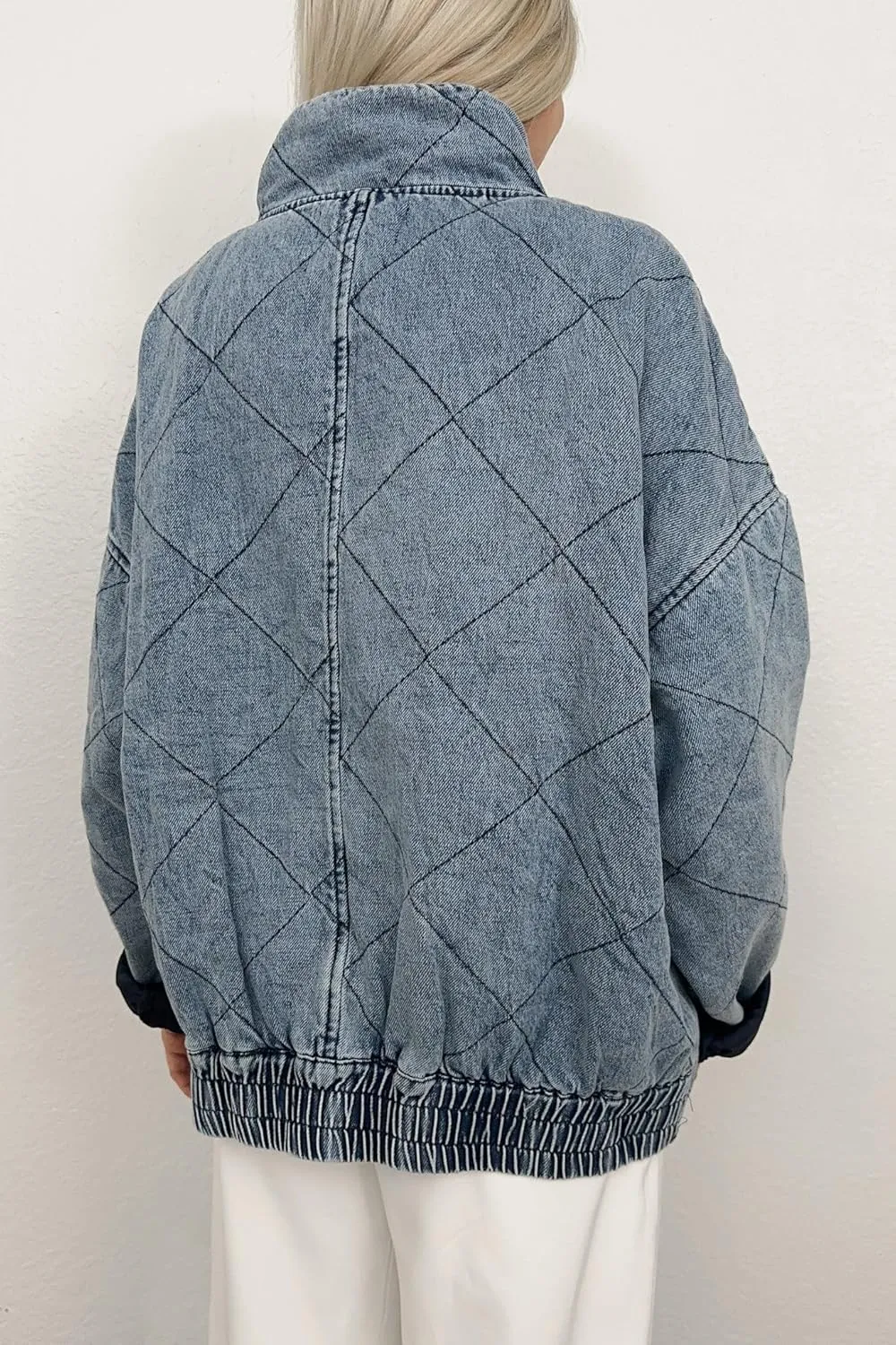 utcoco Women's Oversized Long Sleeve Denim Jacket Casual Loose Fit Zip Up Jean Quilted Jackets Coat with Pockets
