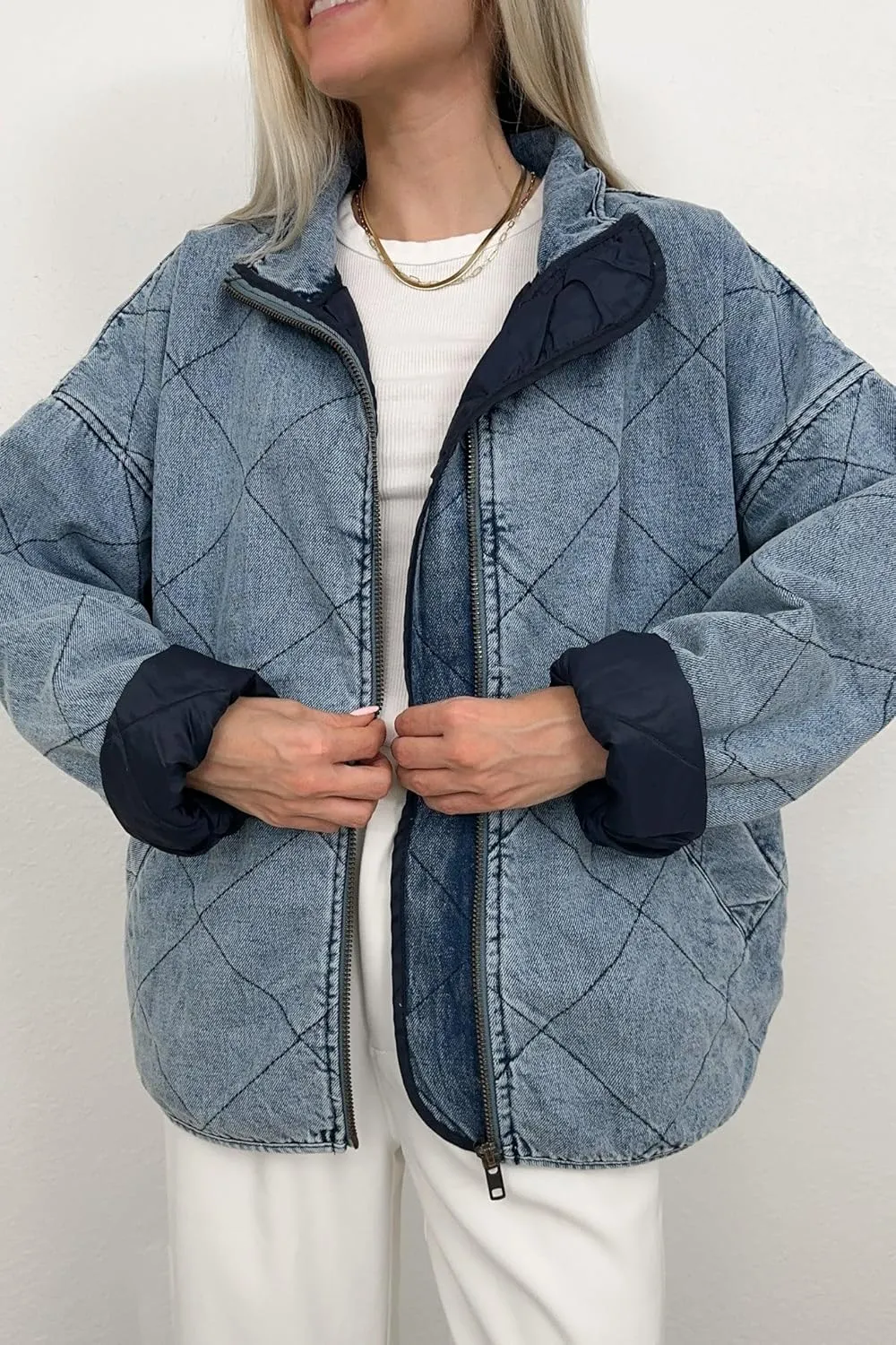 utcoco Women's Oversized Long Sleeve Denim Jacket Casual Loose Fit Zip Up Jean Quilted Jackets Coat with Pockets