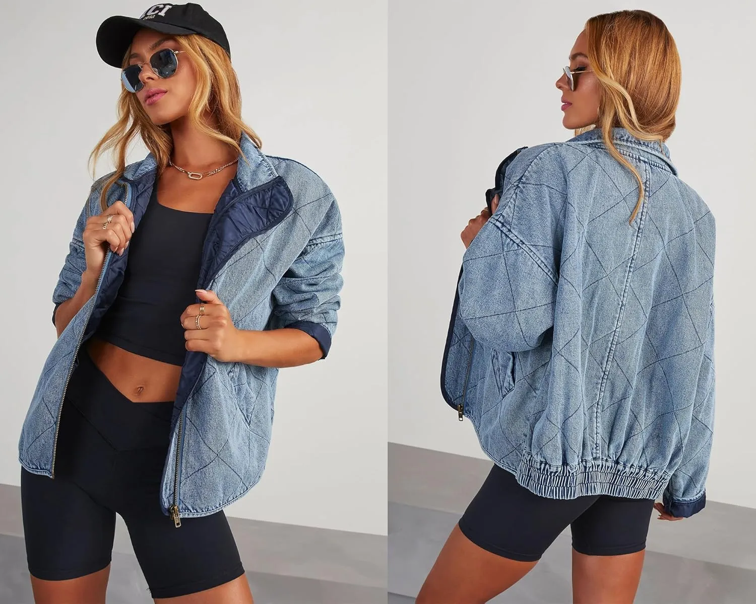utcoco Women's Oversized Long Sleeve Denim Jacket Casual Loose Fit Zip Up Jean Quilted Jackets Coat with Pockets
