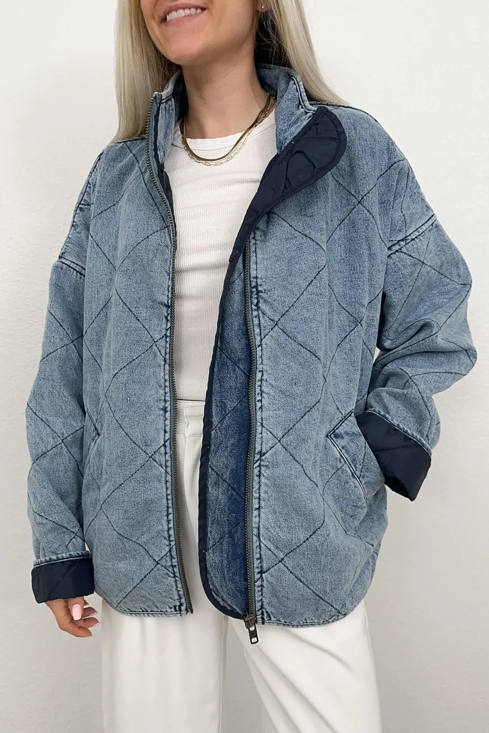 utcoco Women's Oversized Long Sleeve Denim Jacket Casual Loose Fit Zip Up Jean Quilted Jackets Coat with Pockets