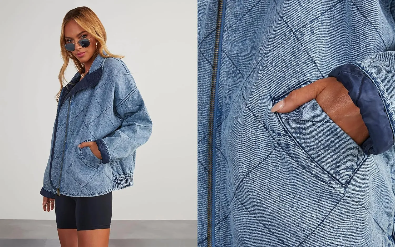 utcoco Women's Oversized Long Sleeve Denim Jacket Casual Loose Fit Zip Up Jean Quilted Jackets Coat with Pockets