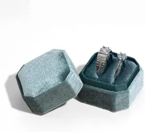 Velvet Ring Box, Octagon Gorgeous Vintage Double Jewelry Ring Gift Box with Detachable Lid for Proposal Engagement Wedding Ceremony (Forest Green)