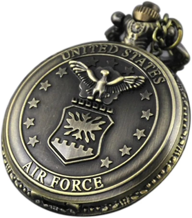 VIGOROSO Vintage Retro Pocket Watch UNITED STATES AIR FORCE Style Bronze Steampunk Chain in Box