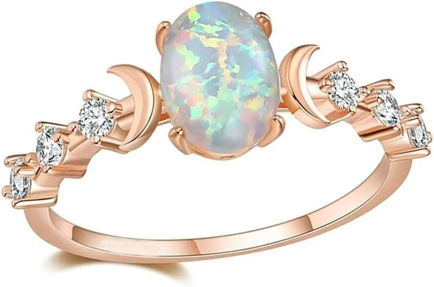Vintage Bohemian Witchcraft Triple Moon Phase Ring Moonstone Goddess Fire Opal Ring Rose Gold Engagement Party Wedding Jewelry Rings for Women