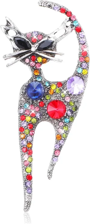 Vintage Cat Brooch Pin Rhinestone Cat Brooch for Women Girls Trendy Cute Colorful Crystals Animal Kitten Brooches Lapel Pins Dress Accessories for Birthday Party Jewelry