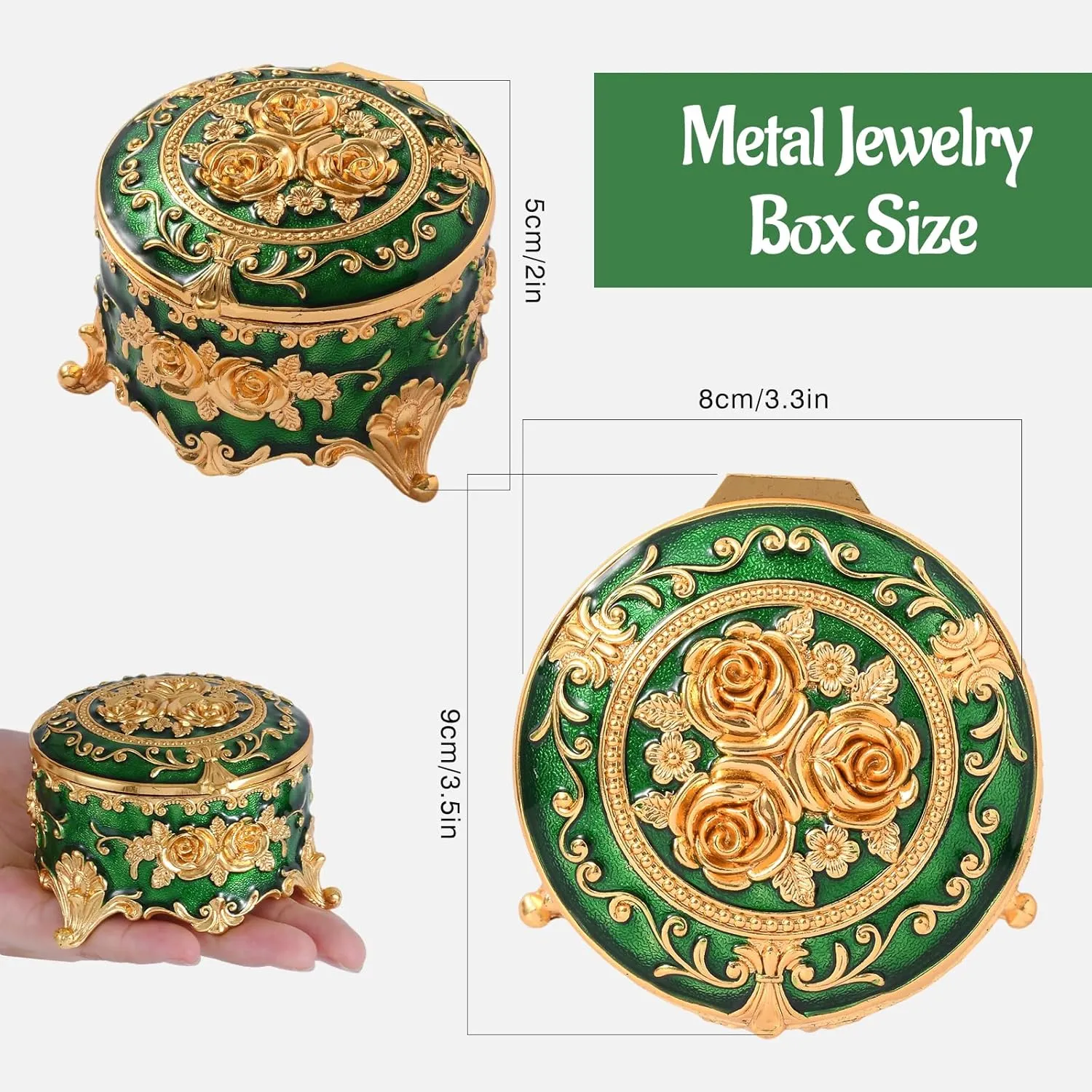 Vintage Jewelry Box, Gold Round Treasure Ring Box, Metal Trinket Organizer Keepsake Box Gift for Girl Women, Green