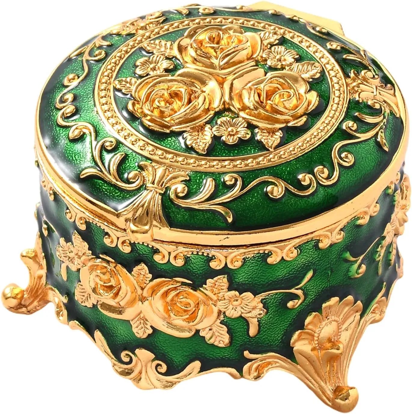 Vintage Jewelry Box, Gold Round Treasure Ring Box, Metal Trinket Organizer Keepsake Box Gift for Girl Women, Green