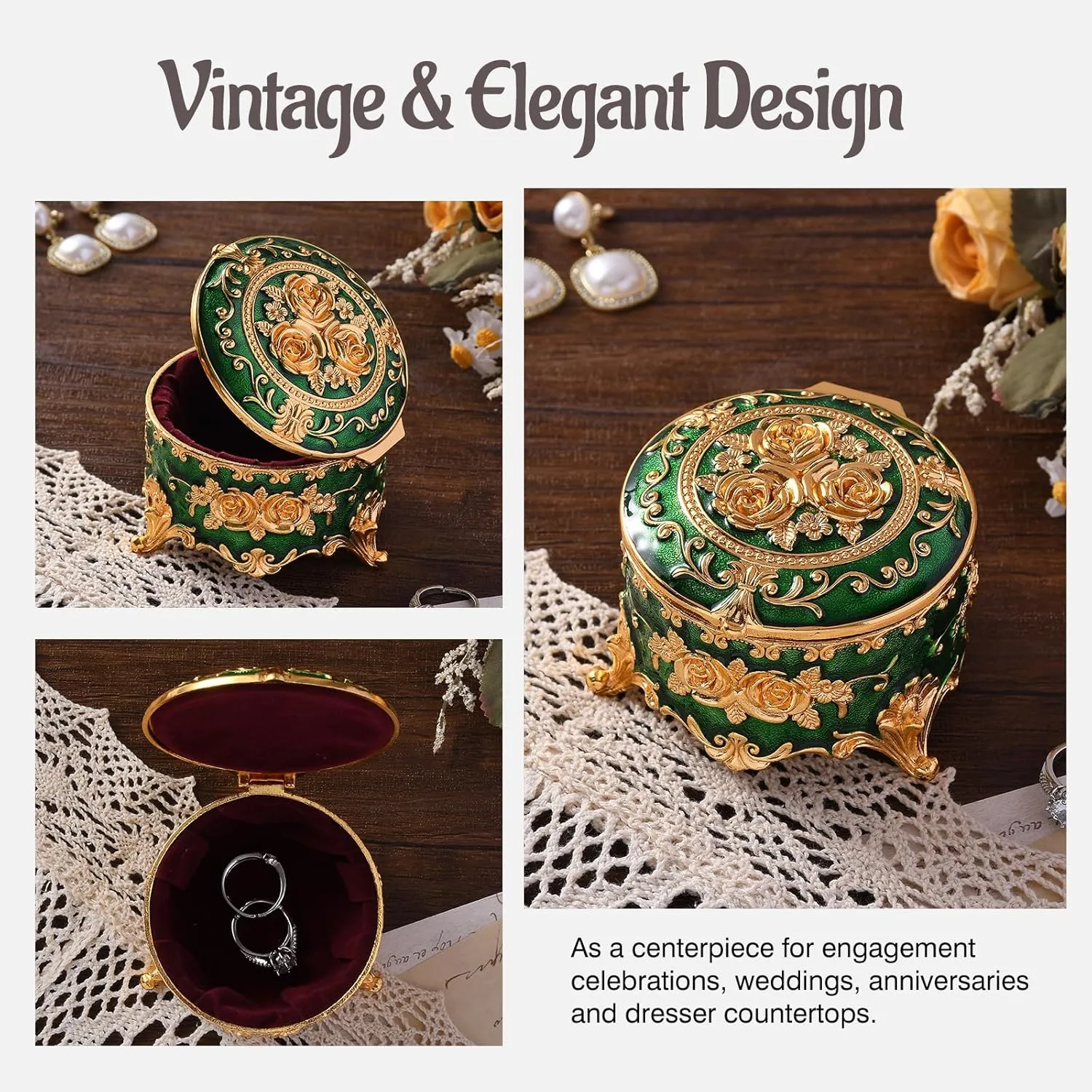 Vintage Jewelry Box, Gold Round Treasure Ring Box, Metal Trinket Organizer Keepsake Box Gift for Girl Women, Green