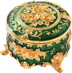 Vintage Jewelry Box, Gold Round Treasure Ring Box, Metal Trinket Organizer Keepsake Box Gift for Girl Women, Green