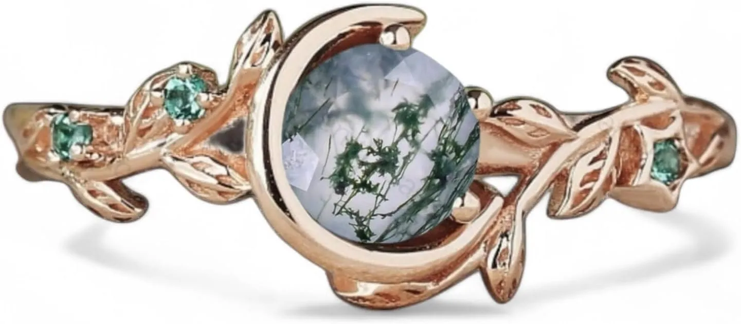 Vintage Natural Moss Agate Art Deco Wedding Ring 14k Rose Gold Unique Jewelry Leaf Branch Moon Twig Ring Green Emerald Stacking Nature Inspired Promise Ring BY ZENITHCRAFTSS