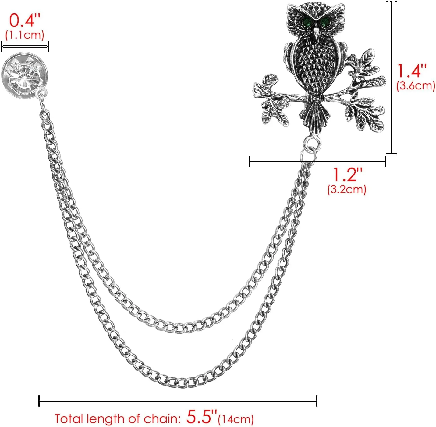 Vintage Owl Long Chain Brooch, Lapel Pin, Suit Chain for Gift Man and Boyfriend