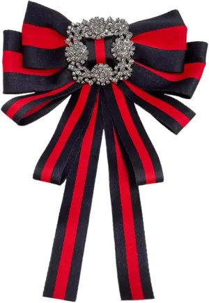 Vintage Red Black Stripe Ribbon Crystal Big Bowknot Shirt Pre-tied Bow Neck Tie Brooches Lapel Pins for Women Girls Elegant Rectangle Rhinestone Suit Collar Tie Breastpin Corsage Accessories Clothes