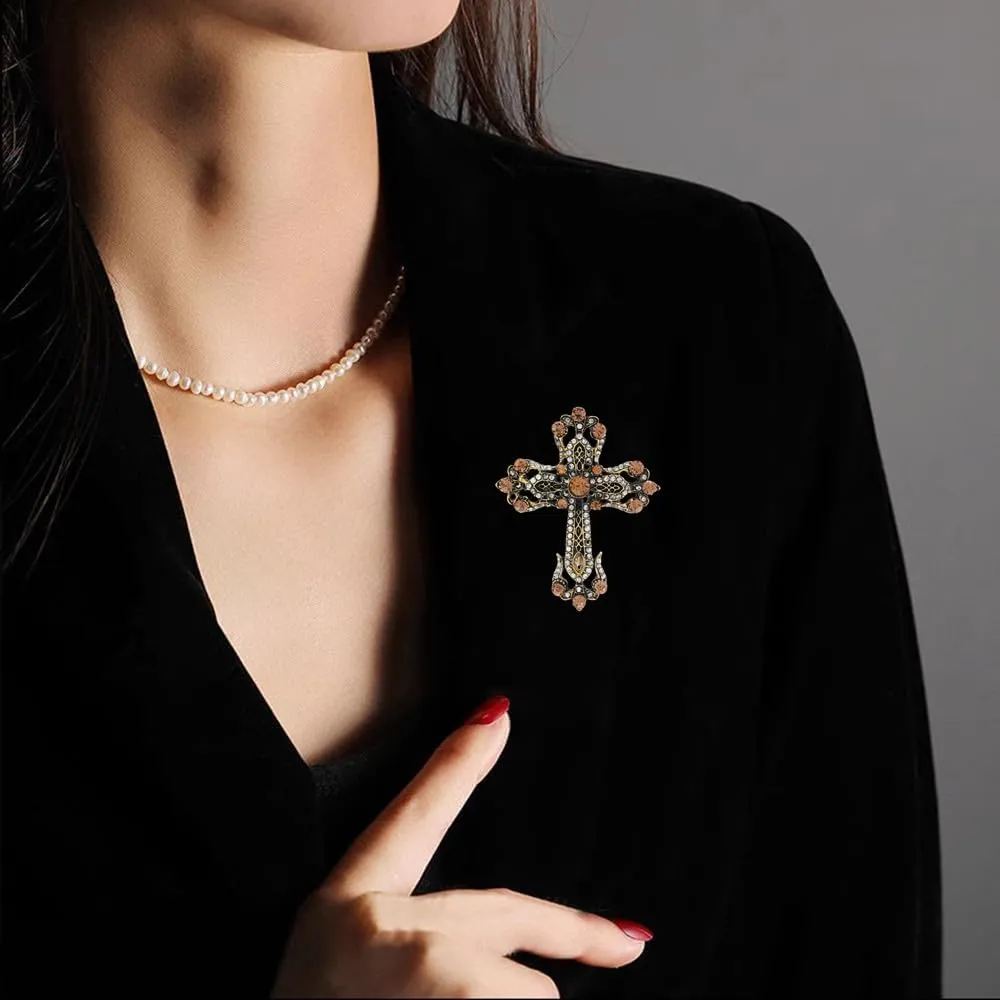 Vintage Rhinestone Cross Brooch Pin for Women Girls Crystal Christian Turquoise Cross Brooches Lapel Pin Shiny Religious Unisex Faith Antique Christmas Pray Dress Accessories Jewelry Gift