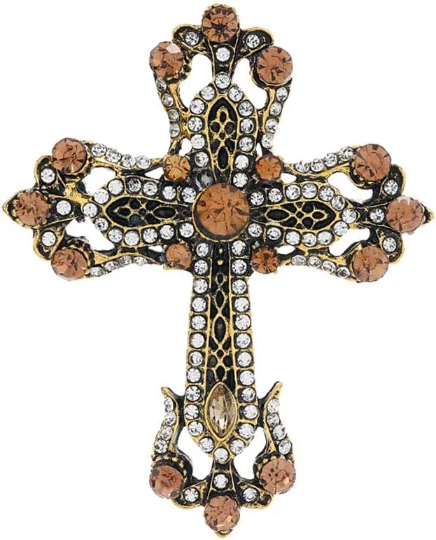 Vintage Rhinestone Cross Brooch Pin for Women Girls Crystal Christian Turquoise Cross Brooches Lapel Pin Shiny Religious Unisex Faith Antique Christmas Pray Dress Accessories Jewelry Gift