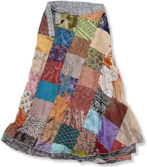 Vintage Silk Sari Patchwork Wraparound Long Skirt - Embrace Timeless Elegance Perfect for Any Occasion or Casual (Free Size -32 inch,Multicolor)
