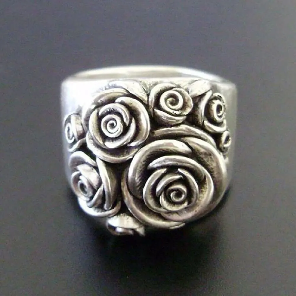 Vintage Stainless Steel Rose Flower Three-dimensional Flower Cluster Antique Style Statement Promise Anniversary Wedding Rings for Women