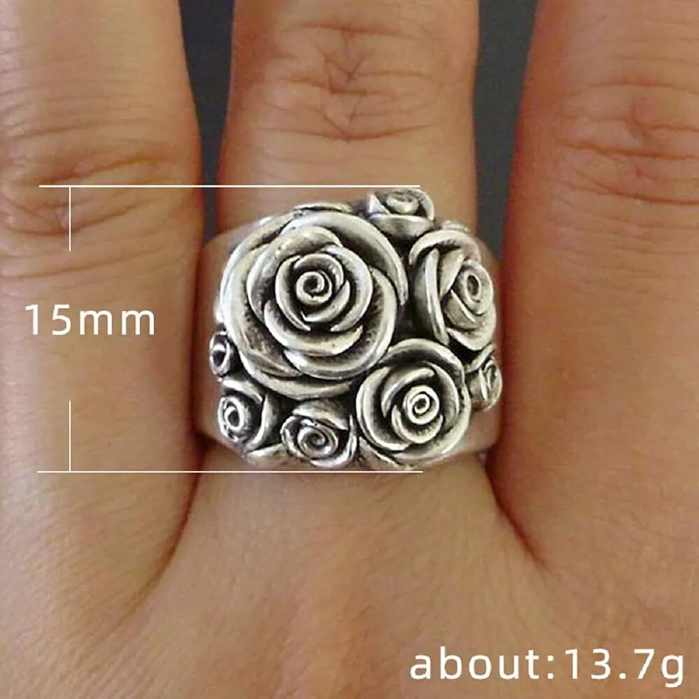 Vintage Stainless Steel Rose Flower Three-dimensional Flower Cluster Antique Style Statement Promise Anniversary Wedding Rings for Women