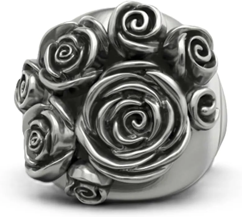 Vintage Stainless Steel Rose Flower Three-dimensional Flower Cluster Antique Style Statement Promise Anniversary Wedding Rings for Women