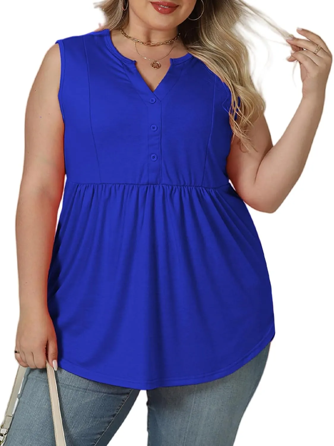 VISLILY Womens-Plus-Size-Sleeveless-Henley-Shirts Casual V Neck Summer Tank Tops Flowy Pleated Tunics Cute Buttons Up Blouses